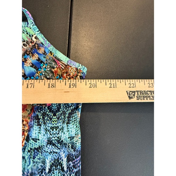 Venus XL Cami Top Blue Boho Embellished Beaded Strappy Back Medallion Print Art - Picture 5 of 11